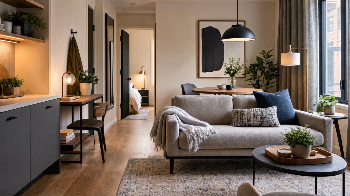 Bright apartment living area with a sofa, coffee table, and compact guest-ready layout.