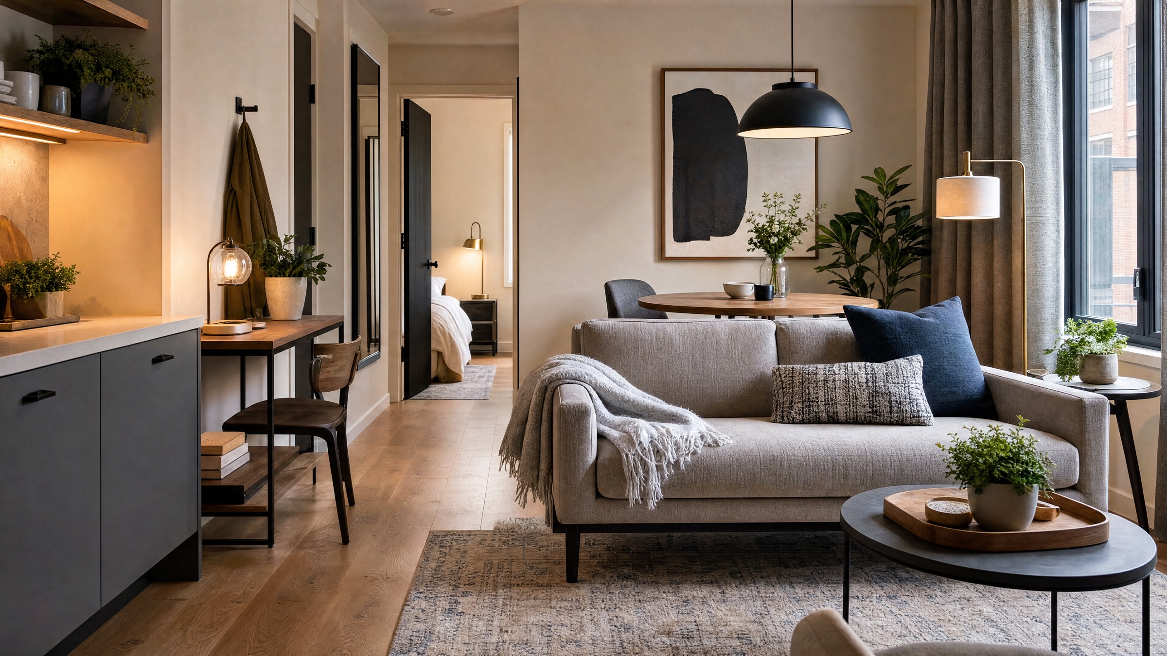 Modern apartment interior with a sofa, dining area, wall art, and soft city-window light.