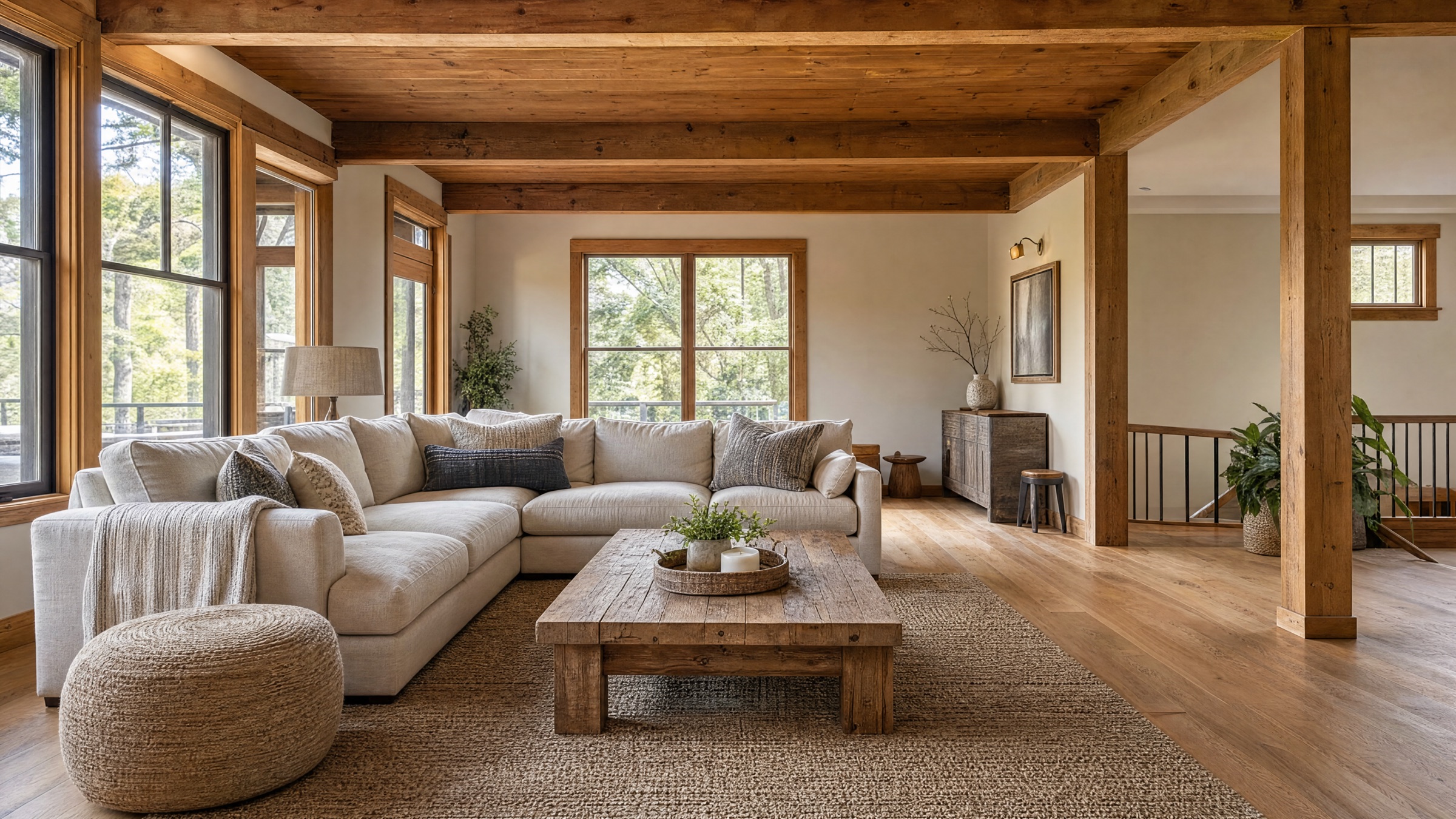 Warm vacation-home living room with wood beams, a large sectional sofa, natural rug, and tall windows.